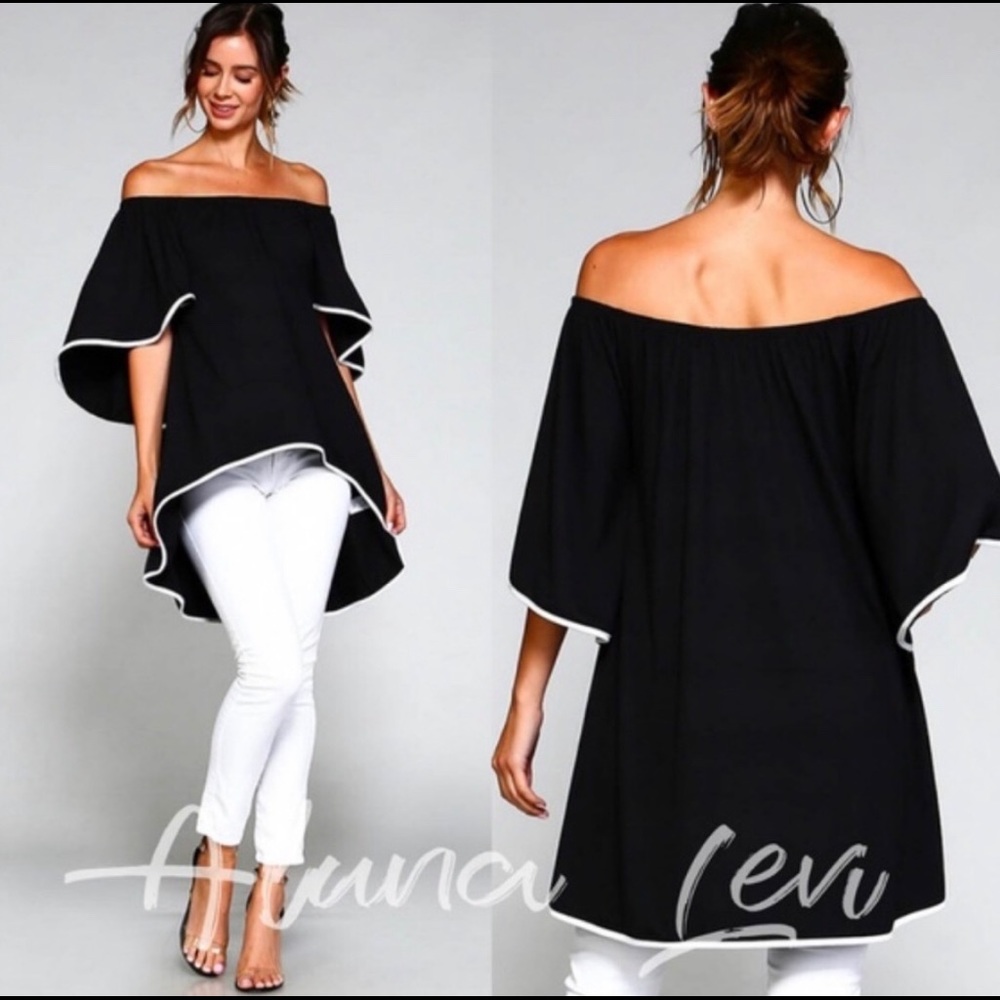 Black and White hi-low off the shoulder top!